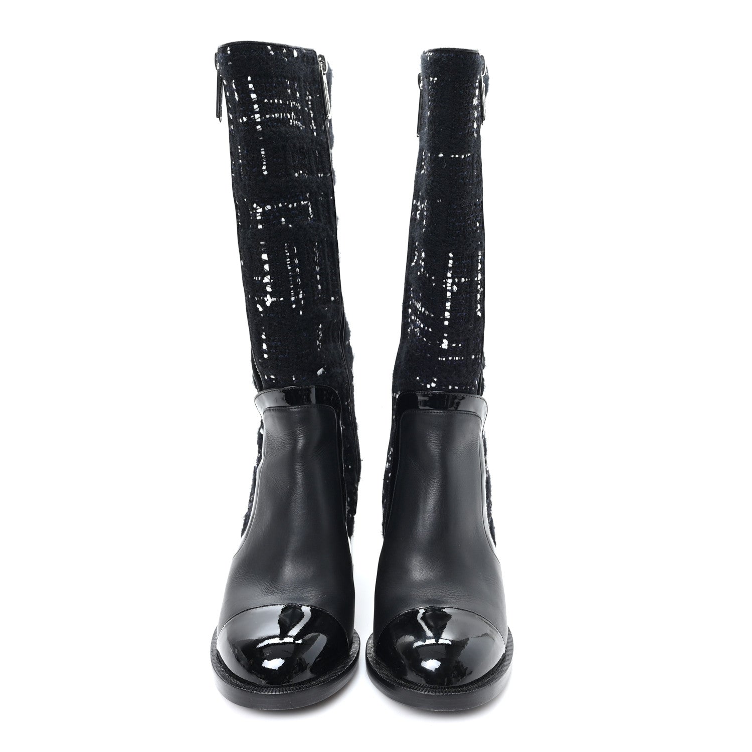 CHANEL 110周年 アーカイブ 2004-05AW 招待状＆プライスリスト Chanel Tweed Calfskin Patent Cap Toe CC High Boots 37.5 Black Navy
