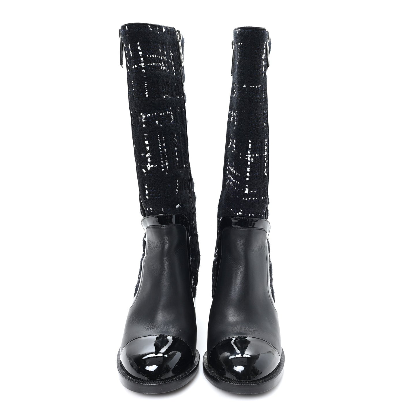 Tweed Calfskin Patent Cap Toe CC High Boots 37.5 Black Navy White