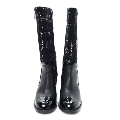 Chanel Tweed Calfskin Patent Cap Toe CC High Boots 37.5 Black Navy White 3 of 10