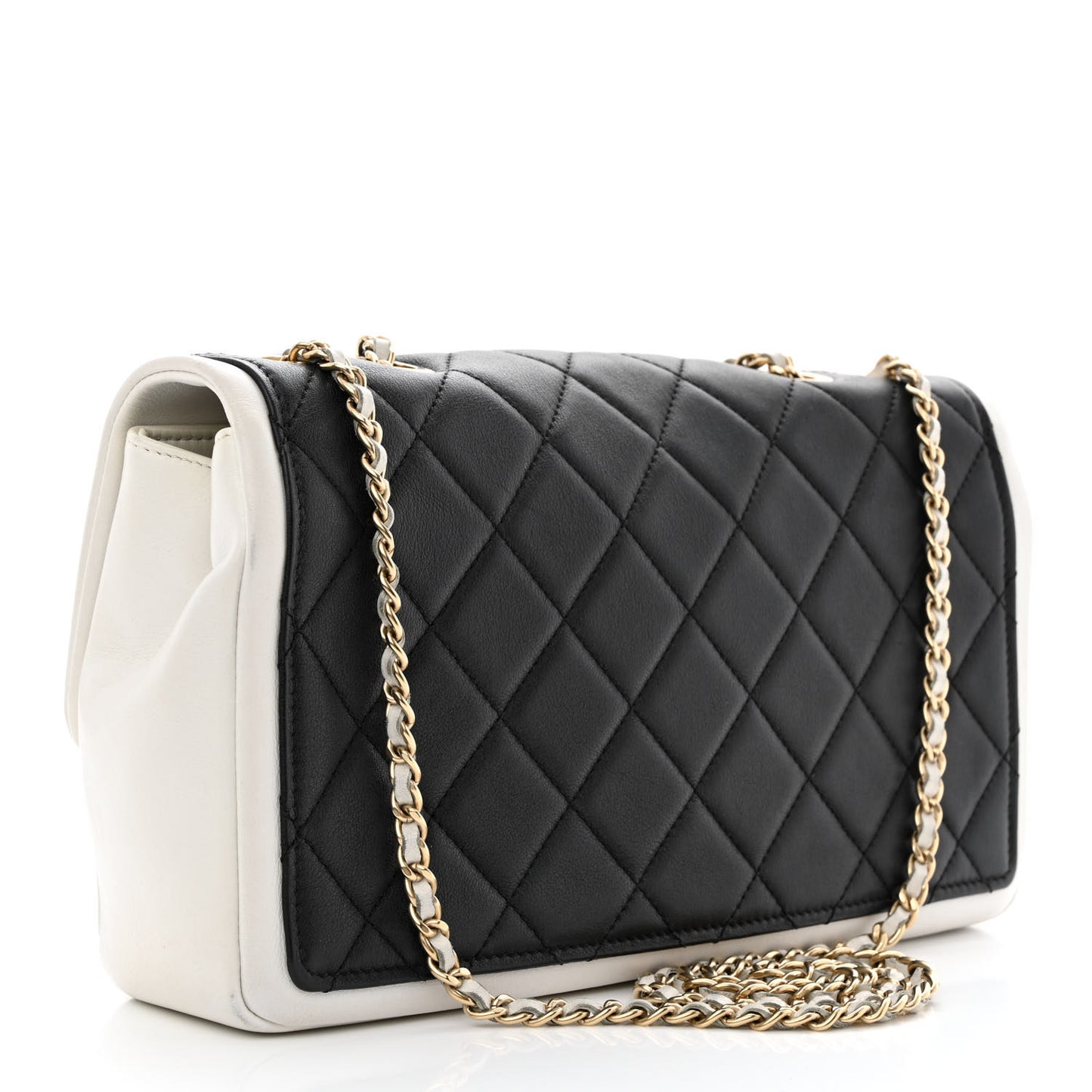 Calfskin Quilted Medium Graphic Flap Black White