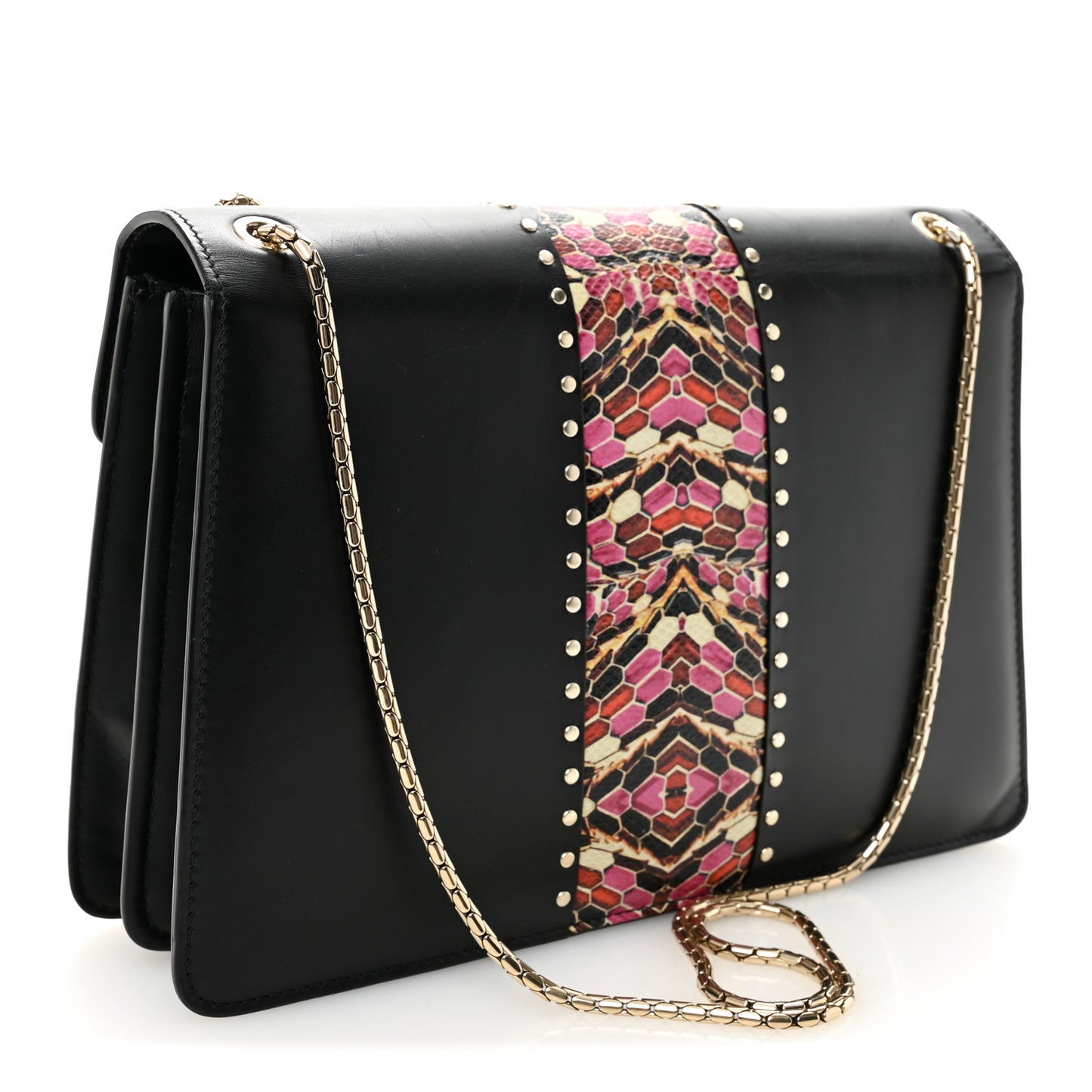 Calfskin Karung Studded Serpenti Forever Shoulder Bag Black Pink Multicolor