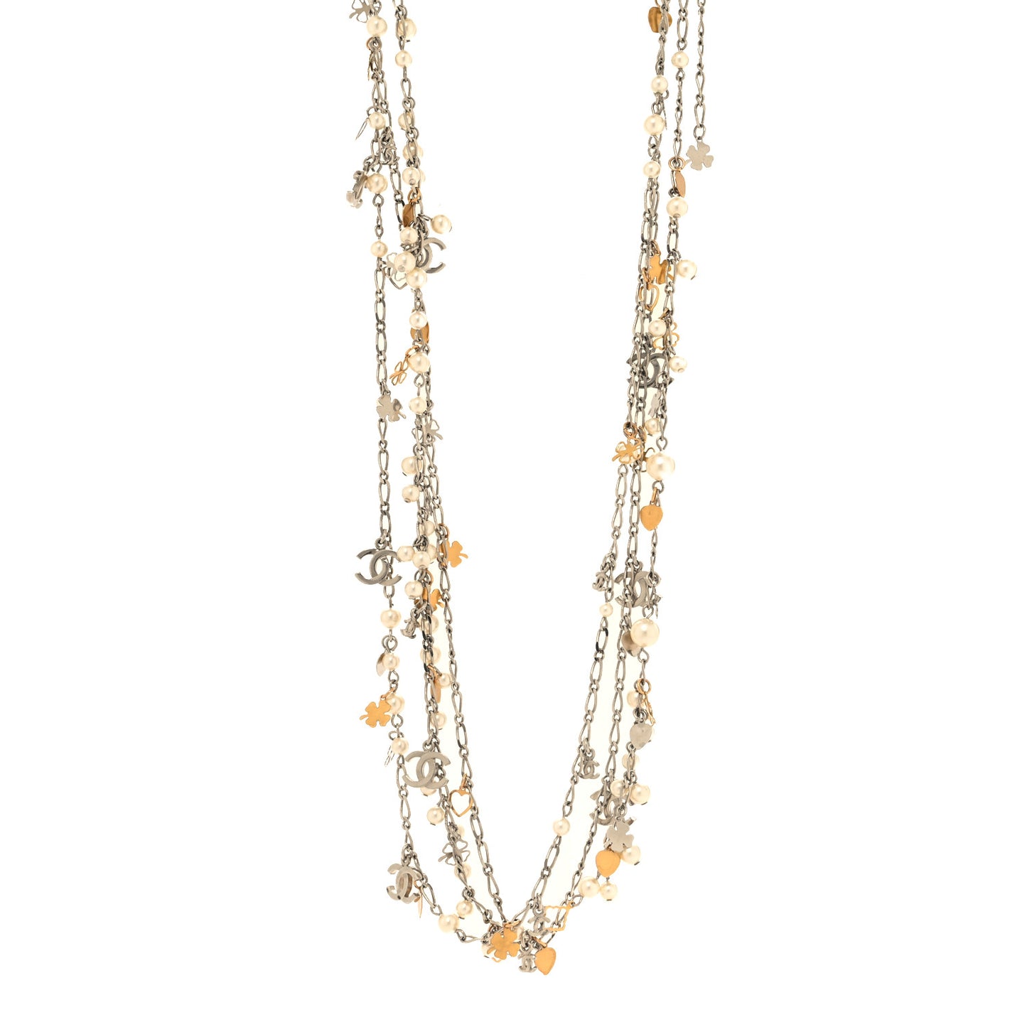 Pearl CC Charms Multi Strand Long Necklace Gold Silver