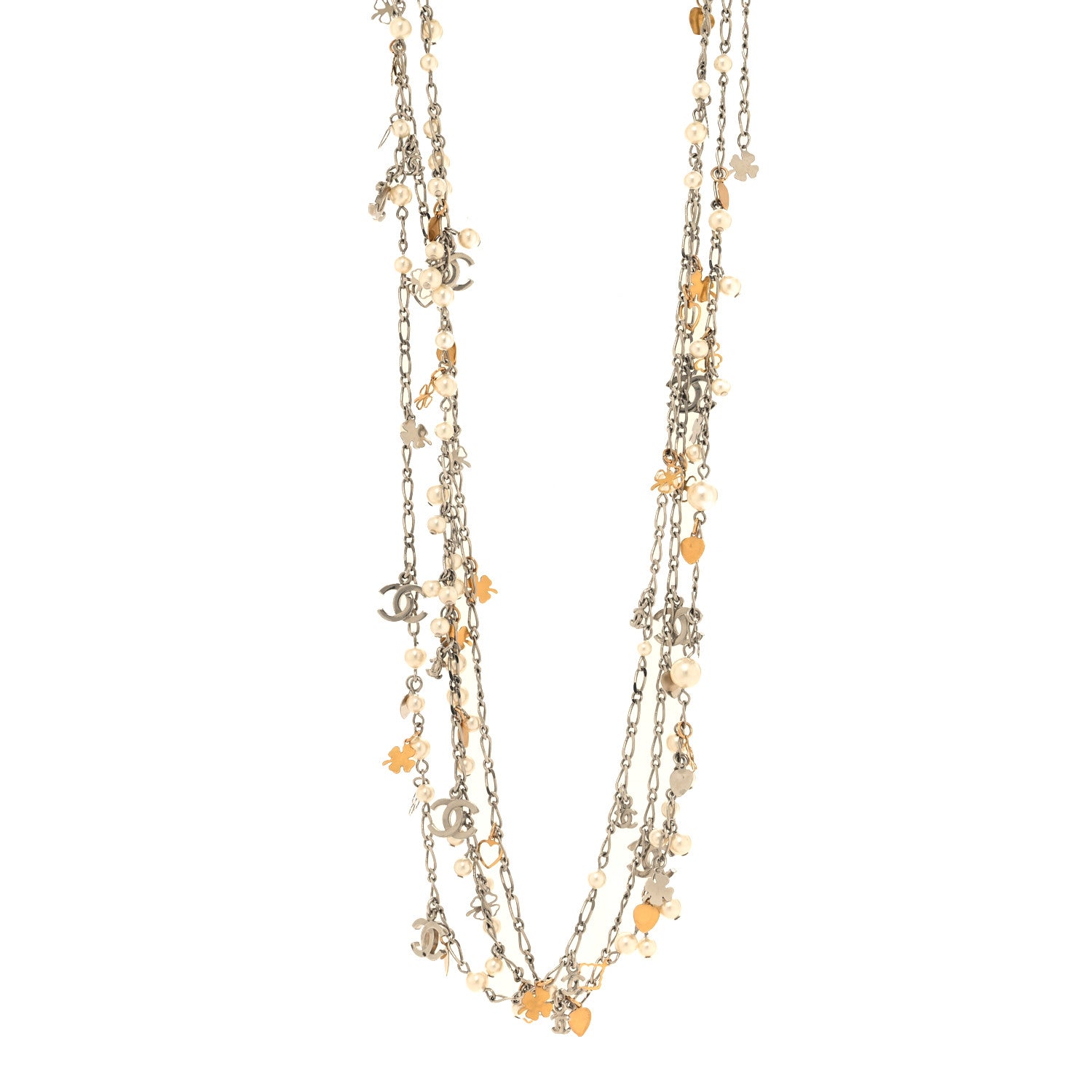 Chanel Pearl CC Charms Multi Strand Long Necklace Gold Silver 1 of 5