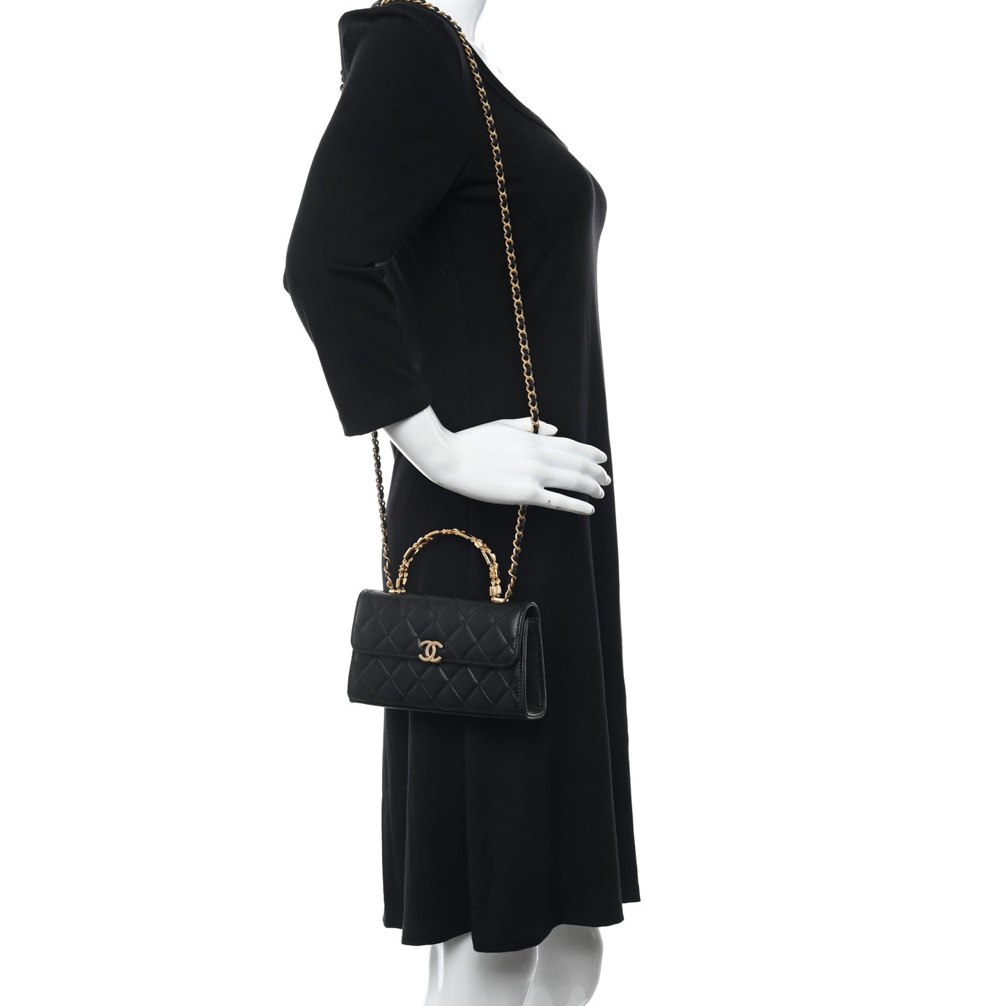 Lambskin Enamel Quilted Top Handle Flap Phone Holder With Chain Black