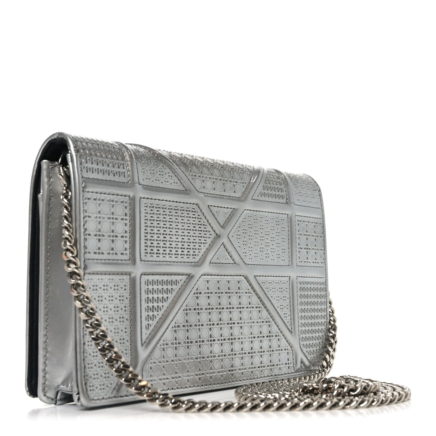 Metallic Patent Micro-Cannage Diorama Wallet on Chain Pouch Silver