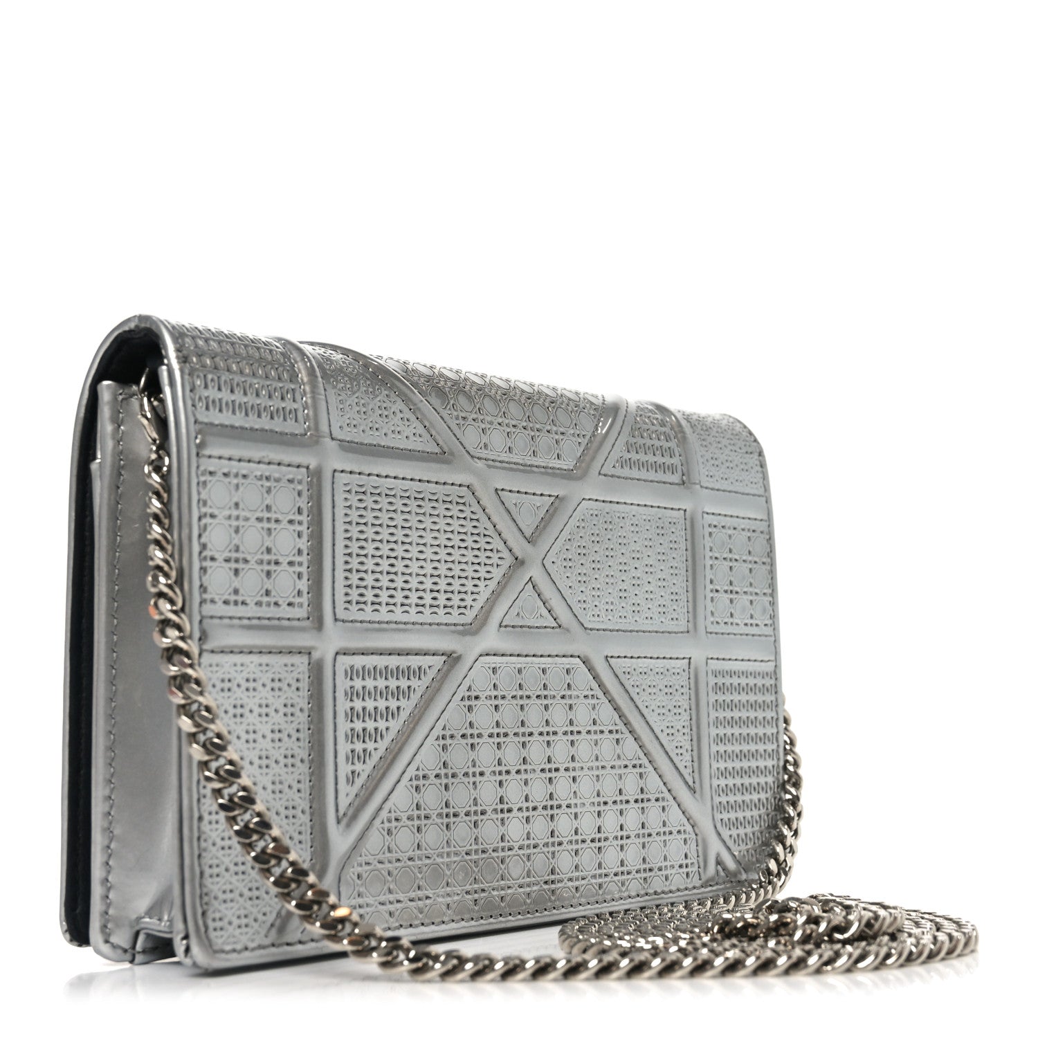 Christian Dior Metallic Patent Micro-Cannage Diorama Wallet on Chain Pouch Silver 3 of 10