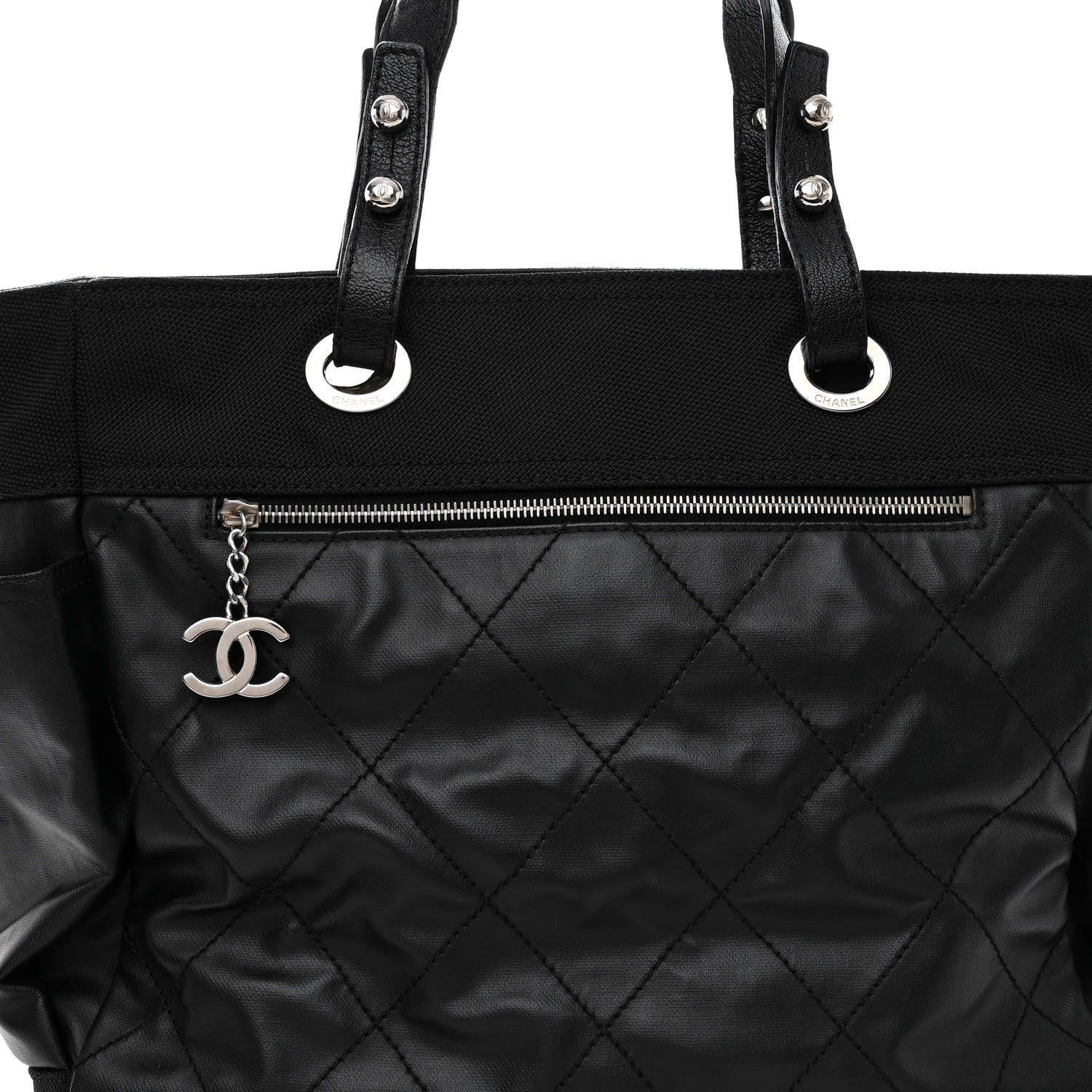 Chanel Coated Canvas Quilted Large Paris Biarritz Tote Black 7 of 10