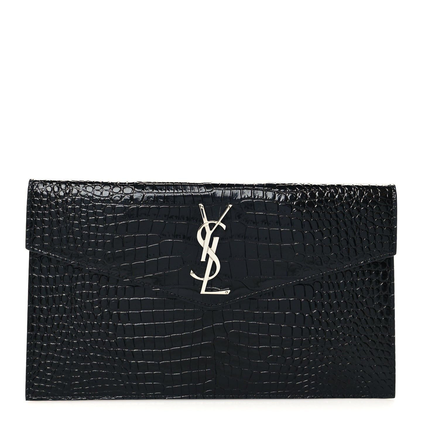 Calfskin Crocodile Embossed Uptown Monogram Clutch Black