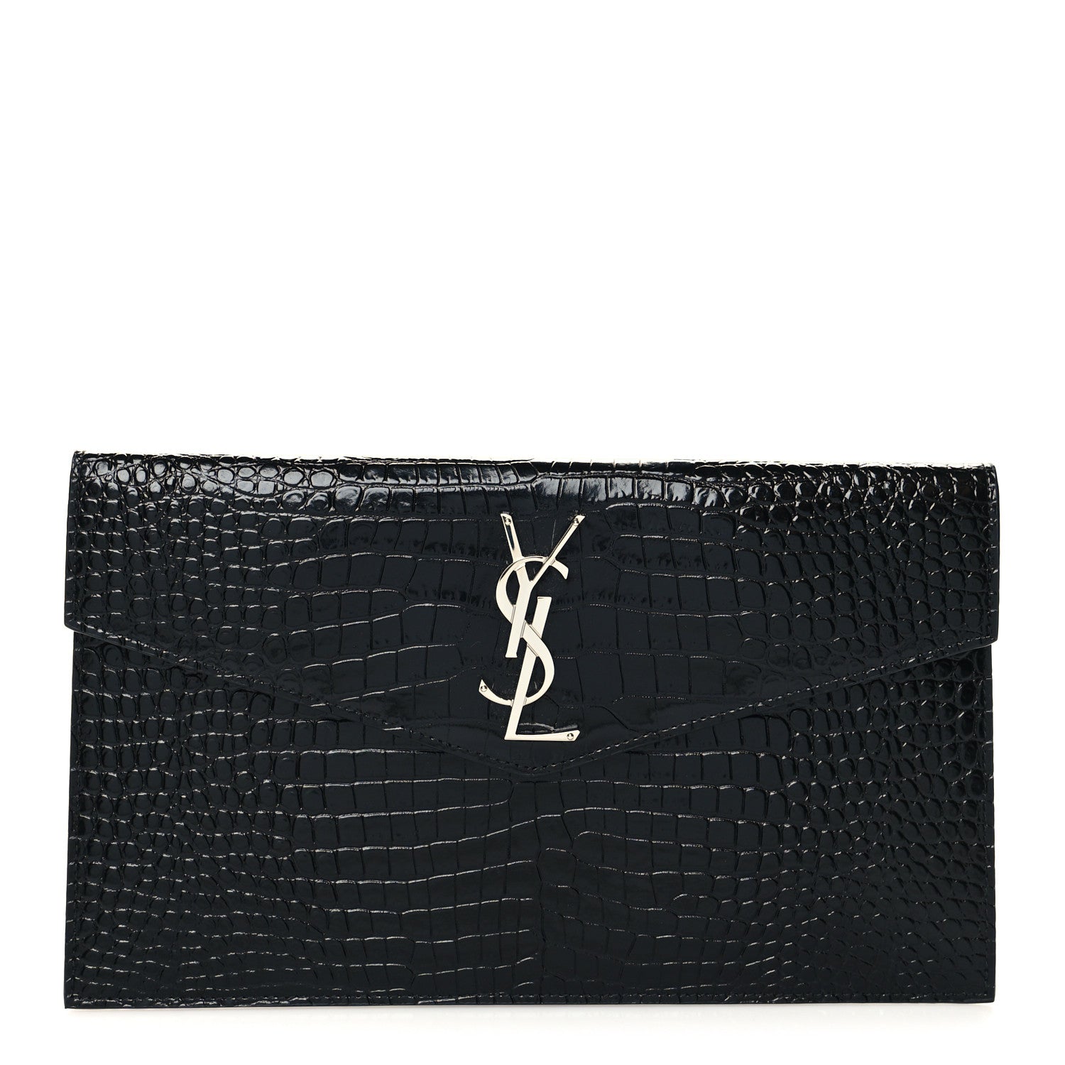 Saint Laurent Calfskin Crocodile Embossed Uptown Monogram Clutch Black 1 of 10