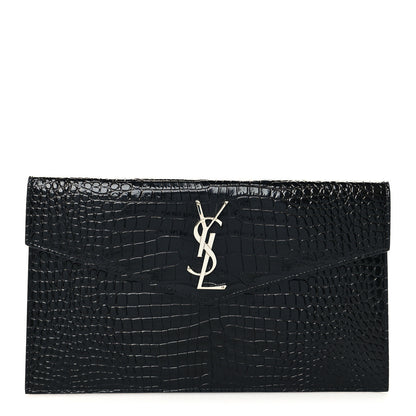 Saint Laurent Calfskin Crocodile Embossed Uptown Monogram Clutch Black 1 of 10