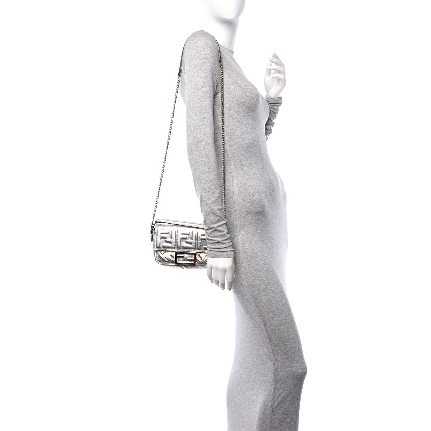 Fendi Vitello Catalan FF 1974 Embossed Mini Baguette Argento 3 of 10