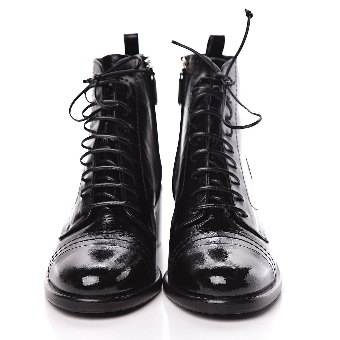 Shiny Lambskin Lace Up Combat Short Boots 39.5 Black