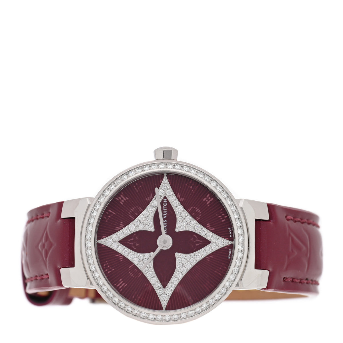 Louis Vuitton Stainless Steel Vernis Diamond 28mm Tambour Slim Quartz Watch Red 2 of 5