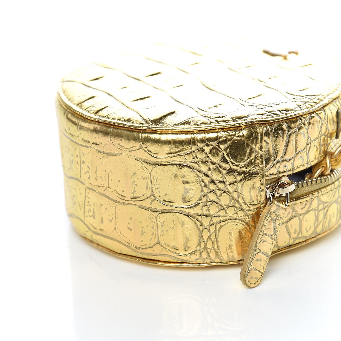 Metallic Calfskin Crocodile Embossed Cocodile Round Clutch with Chain Gold