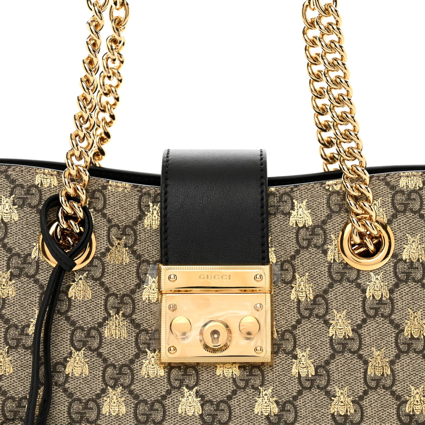 GG Supreme Monogram Bees Small Padlock Tote Beige Oro Black