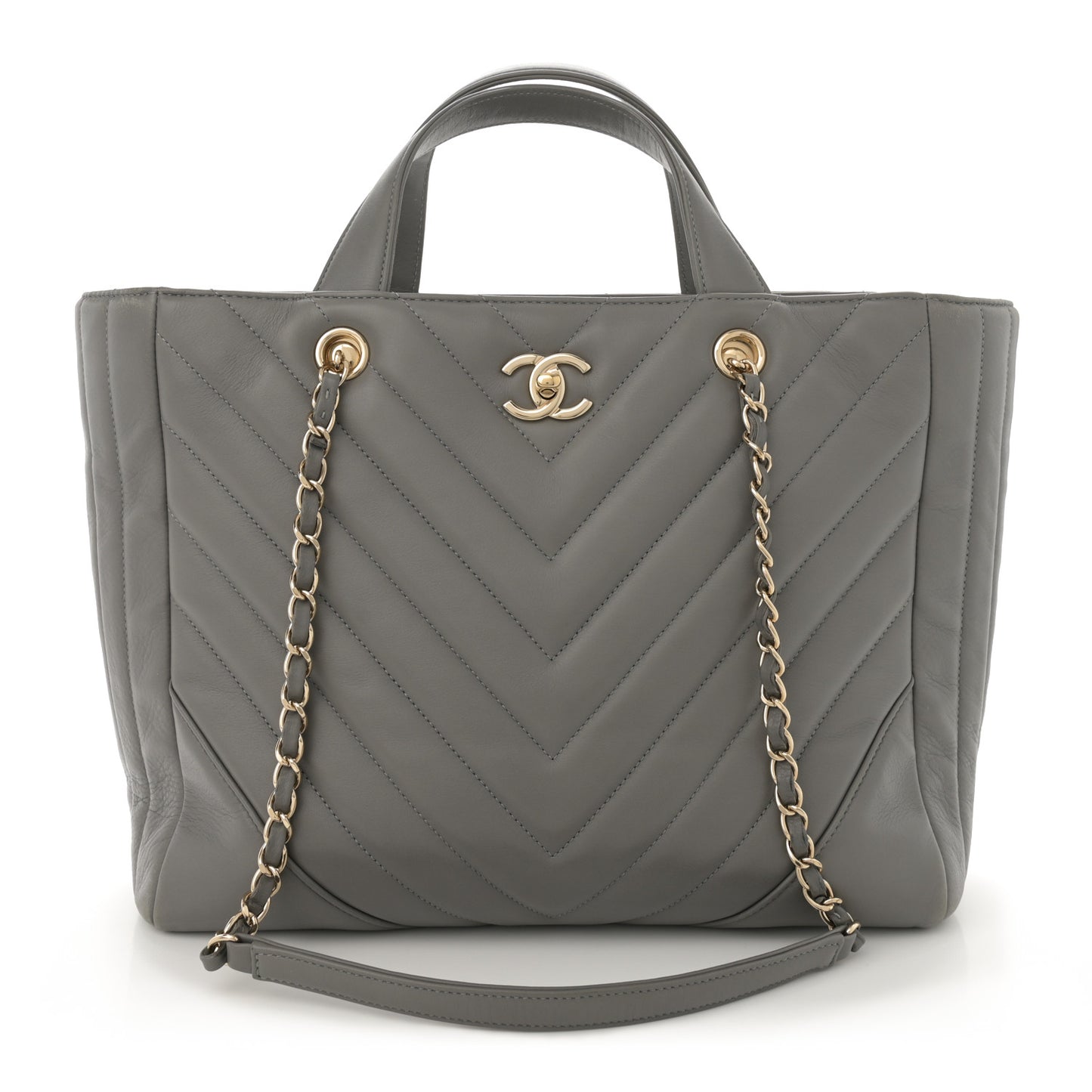 Calfskin Chevron Quilted Statement Shopping Tote Grey