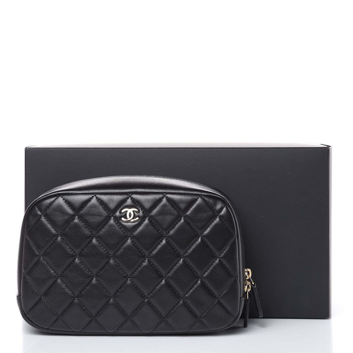 Lambskin Quilted Medium Curvy Pouch Cosmetic Case Black