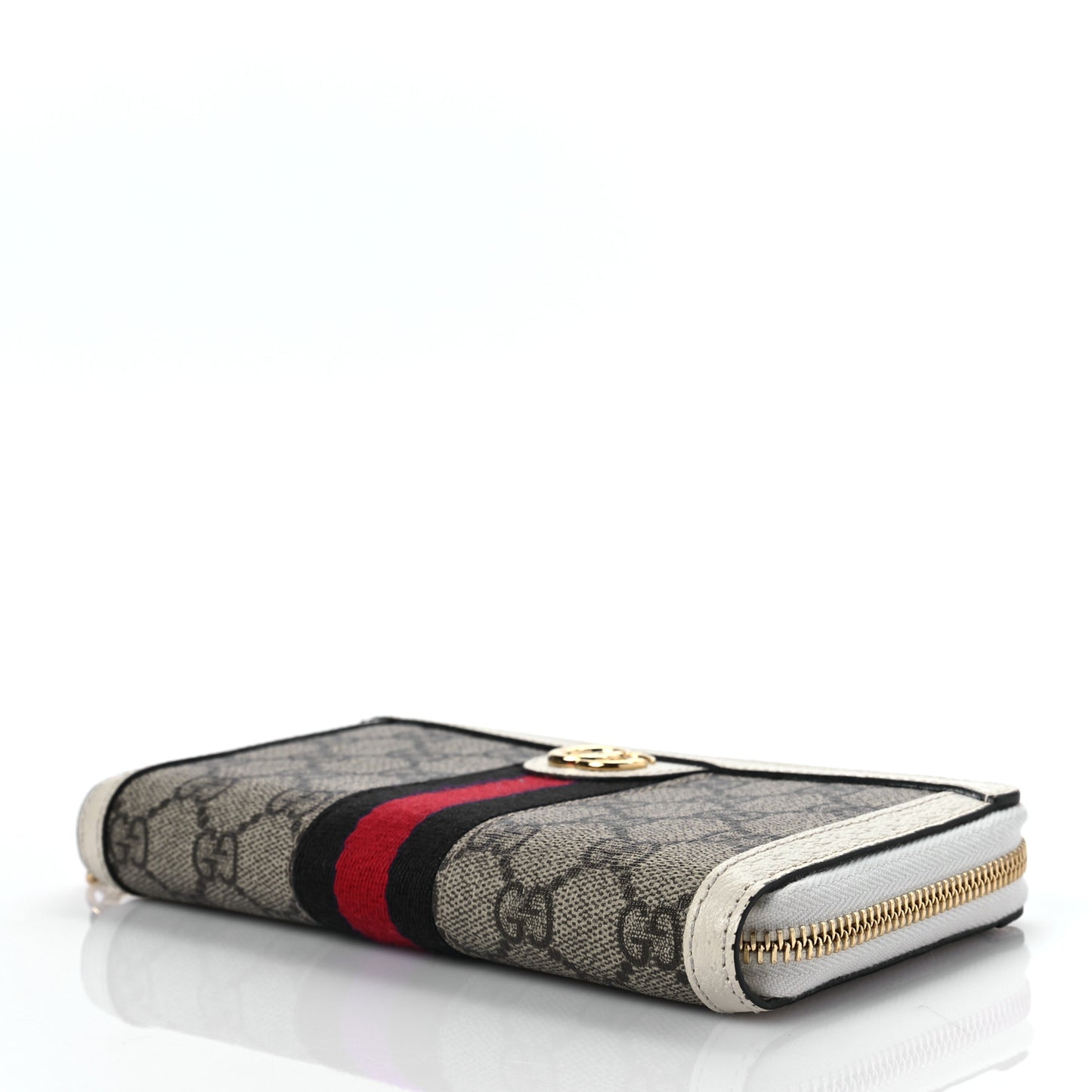 GG Supreme Monogram Textured Dollar Calfskin Web Ophidia Zip Around Wallet Beige Ebony Mystic White