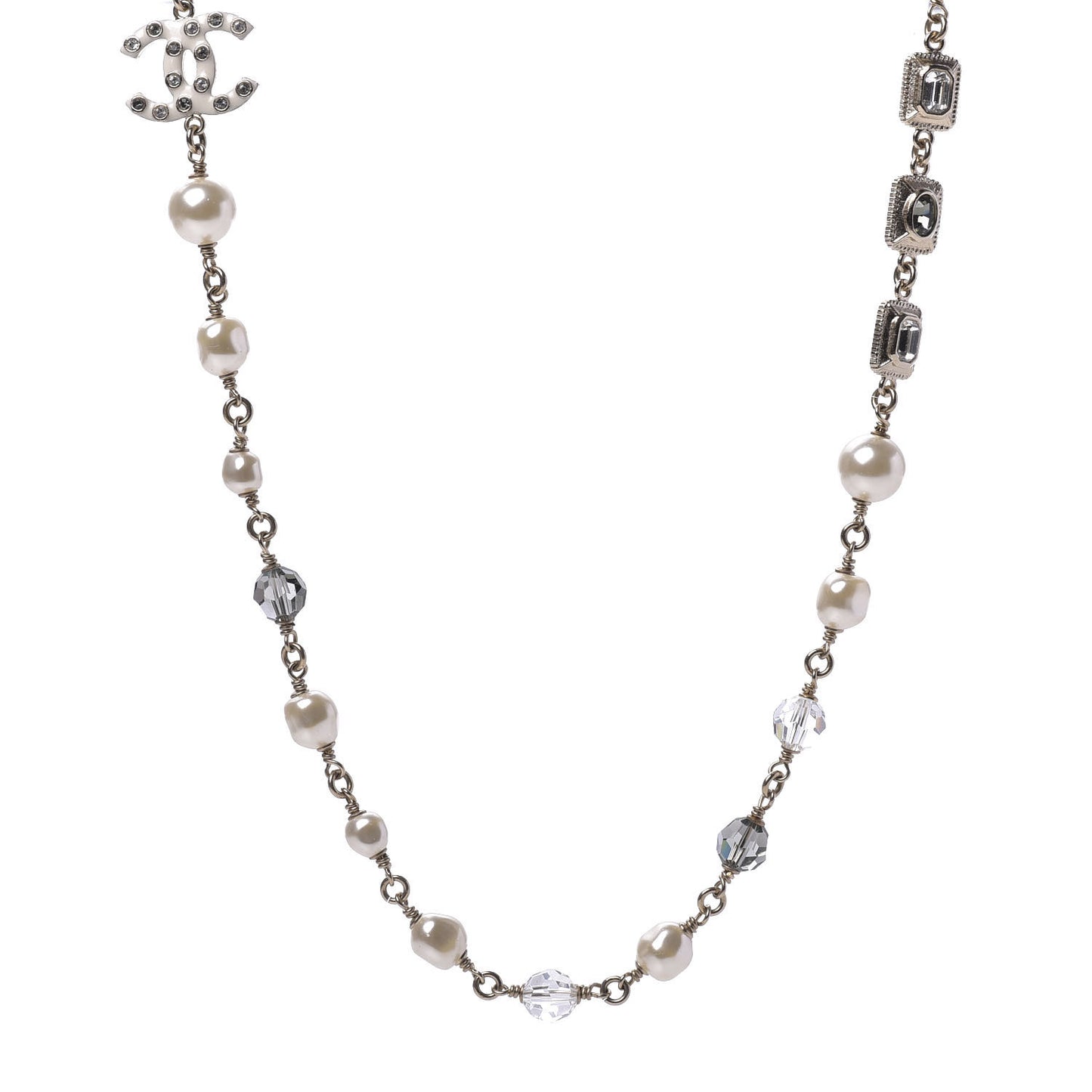 Pearl Beaded Crystal Resin CC Long Necklace Light Gold Multicolor