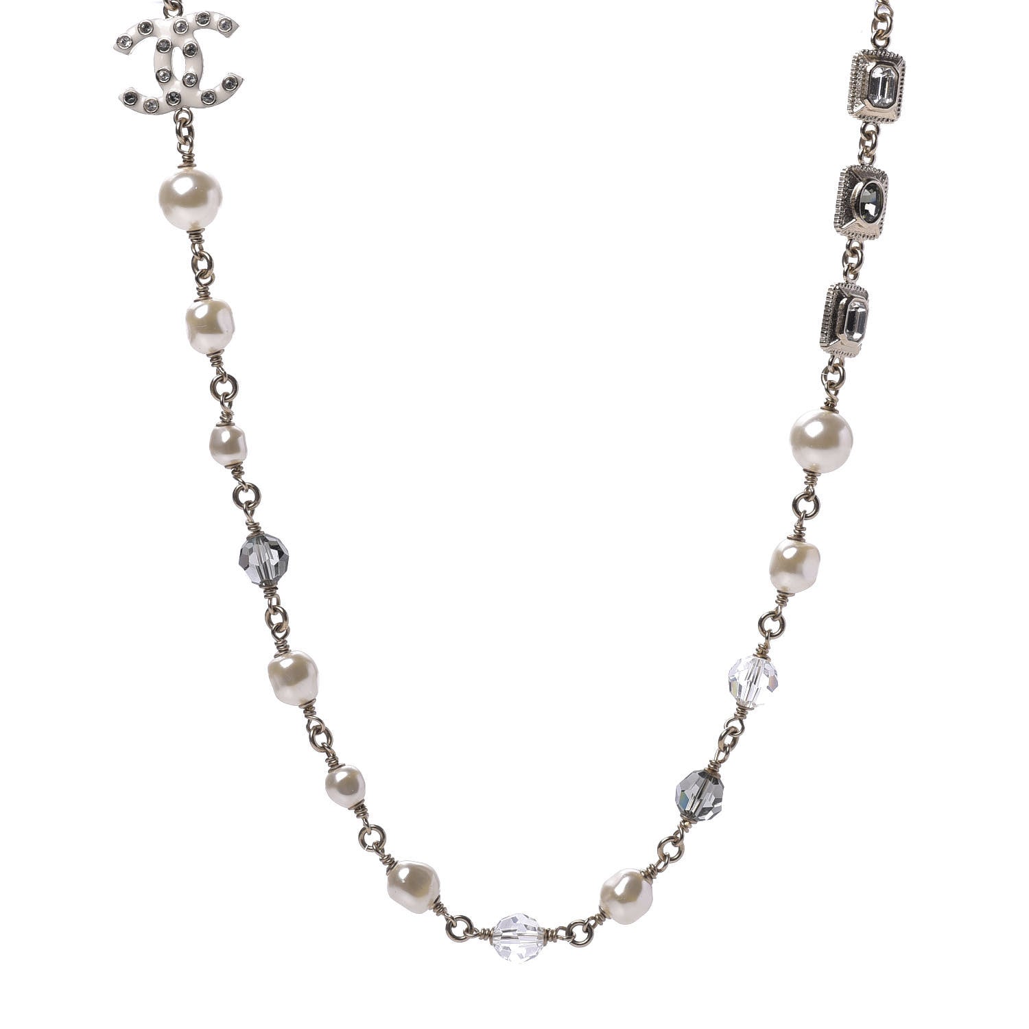 Chanel Pearl Beaded Crystal Resin CC Long Necklace Light Gold Multicolor 1 of 10
