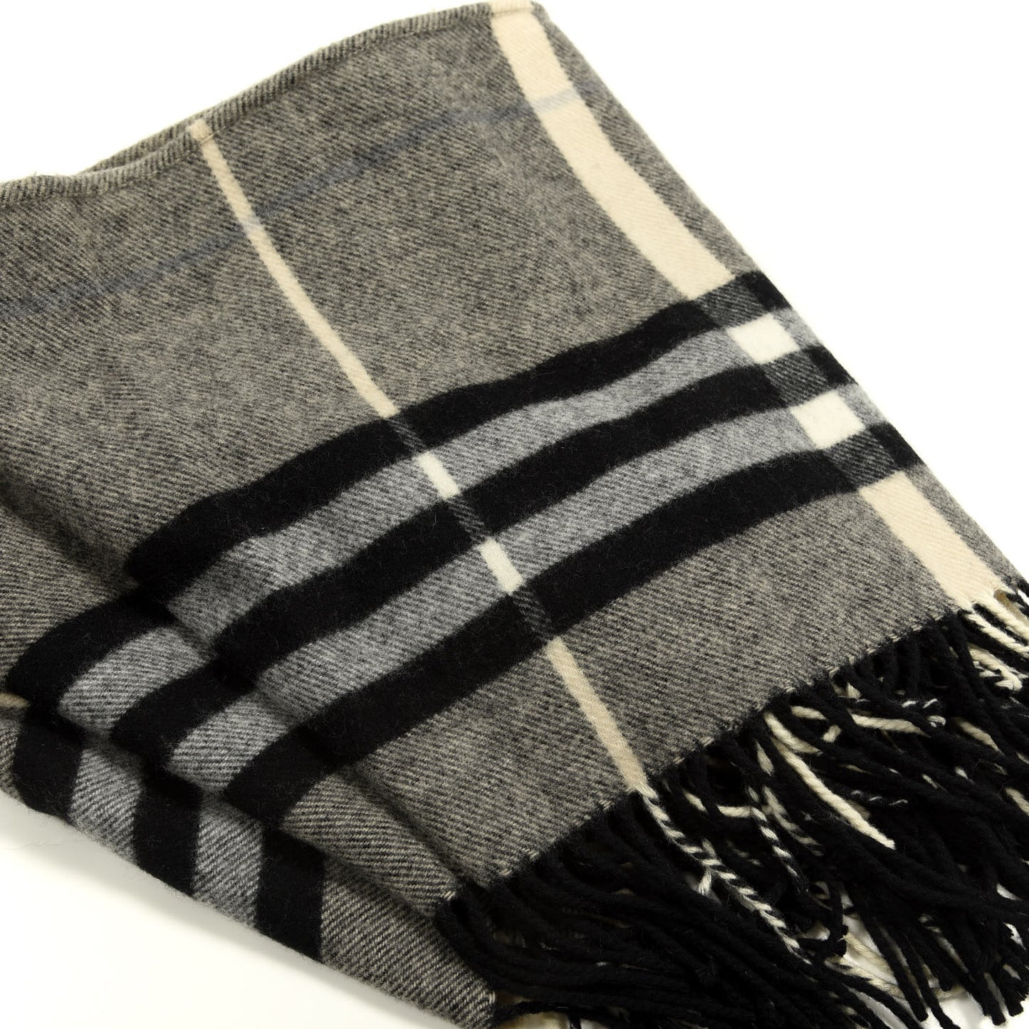 Wool Cashmere Giant Check Fringe Scarf Pale Grey