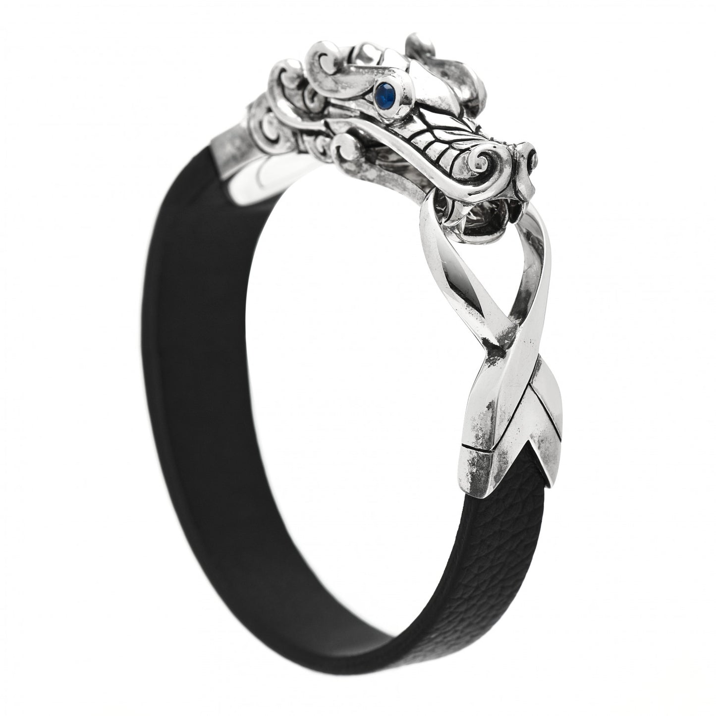 Sterling Silver Leather Blue Sapphire Naga Dragon Bracelet Black