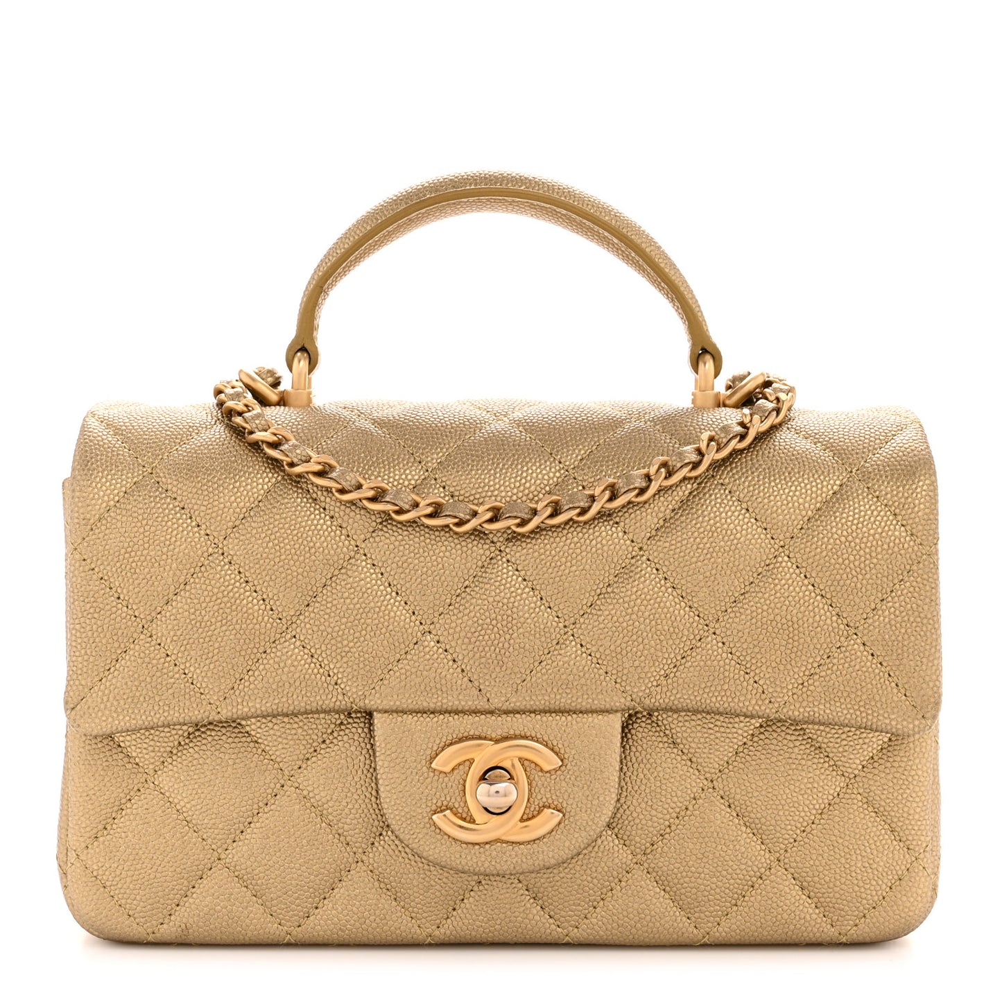 Metallic Caviar Quilted Mini Top Handle Rectangular Flap Gold
