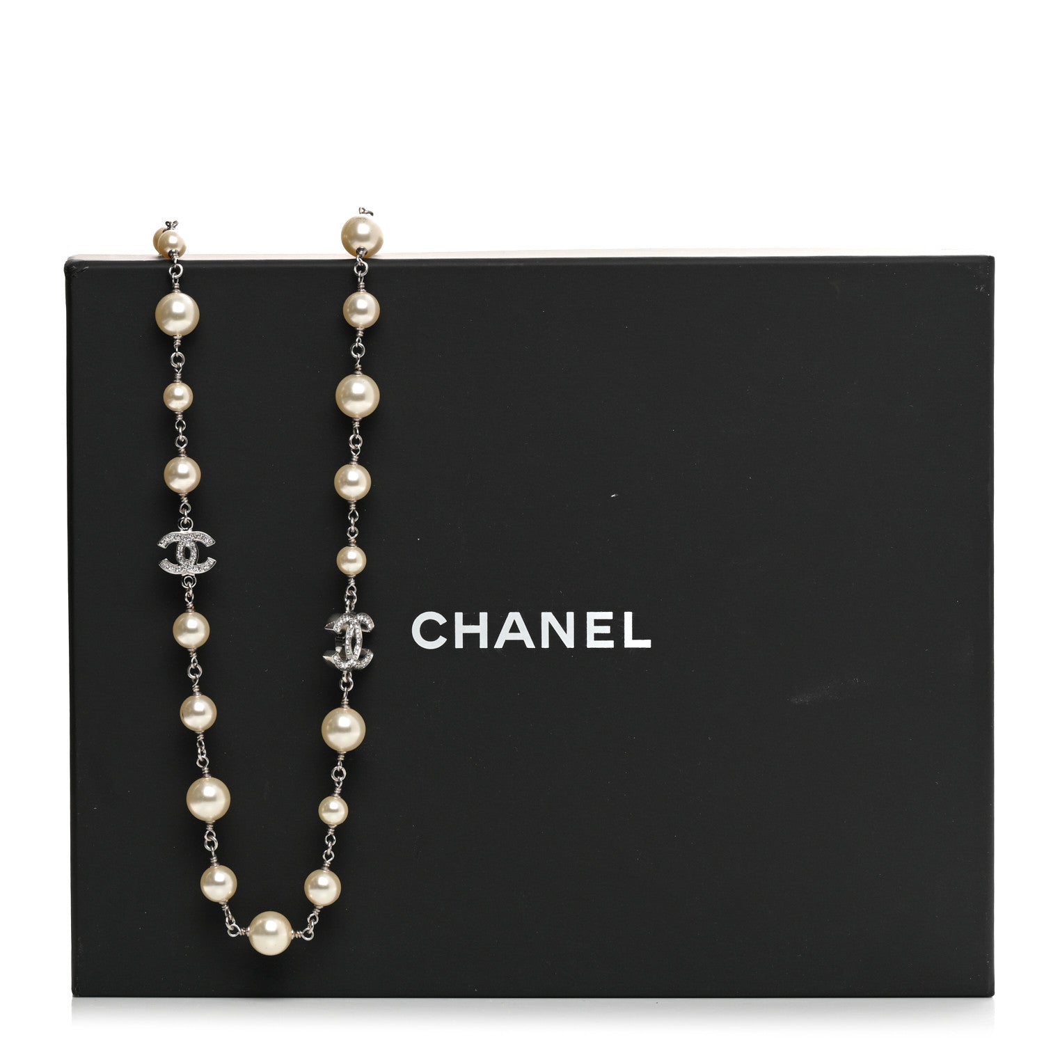 Chanel Graduated Pearl Crystal CC Long Necklace Silver 6 of 6