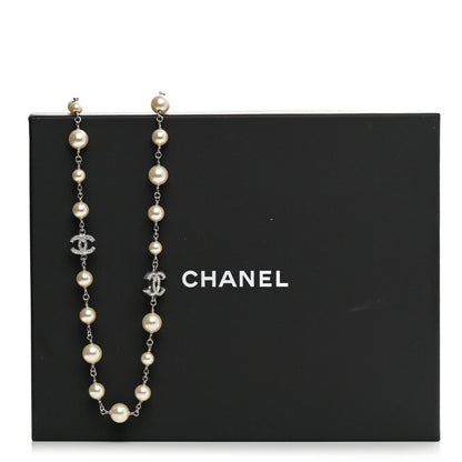 Chanel Graduated Pearl Crystal CC Long Necklace Silver 6 of 6