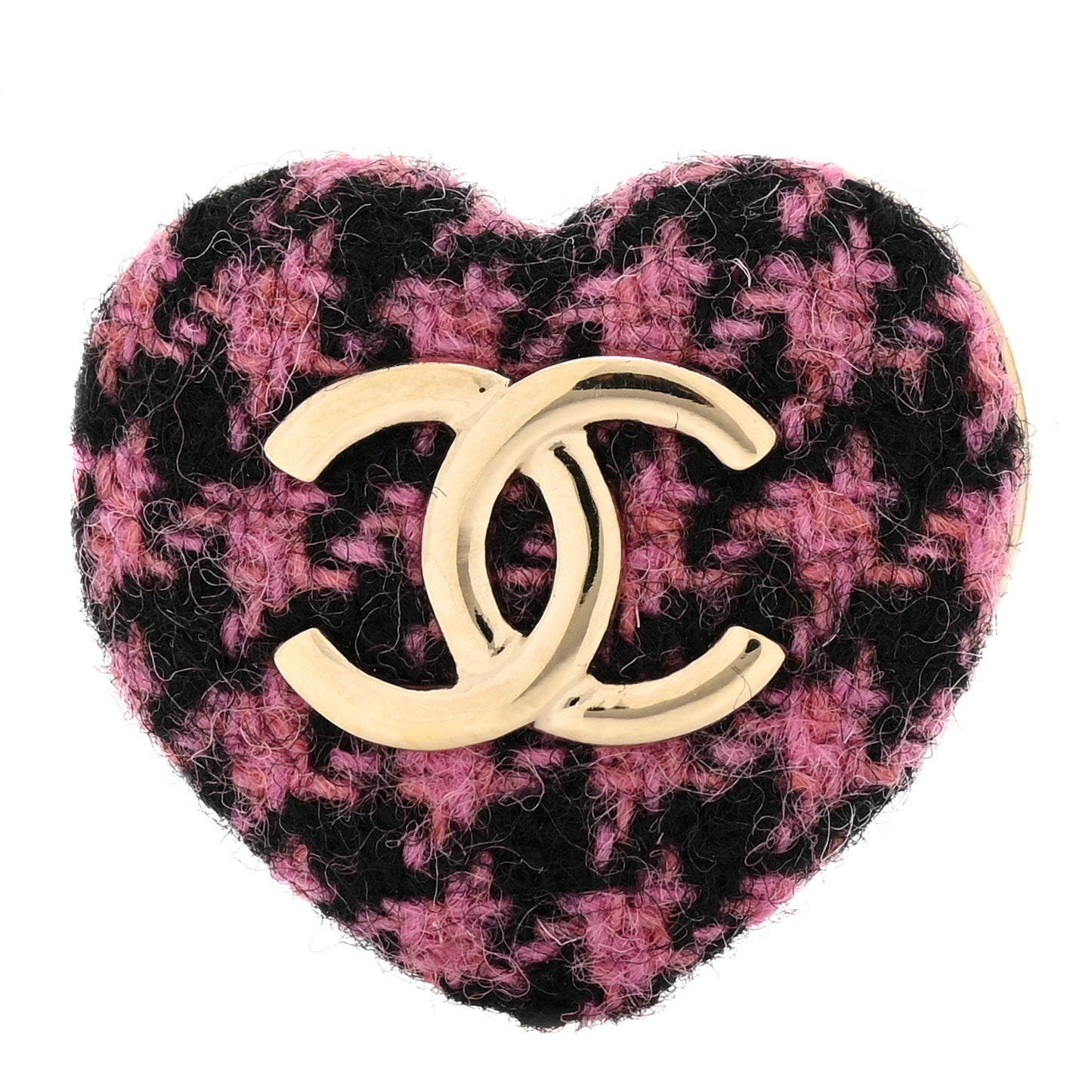 Tweed CC Heart Brooch Pink Black Gold