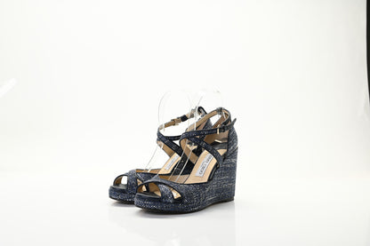 Jimmy Choo Tweed Alanah 105 Wedge Sandals 39.5 Blue 3 of 18