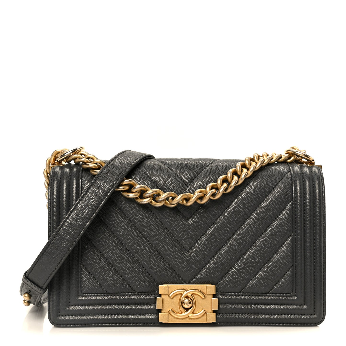 Caviar Chevron Quilted Medium Boy Flap Dark Grey