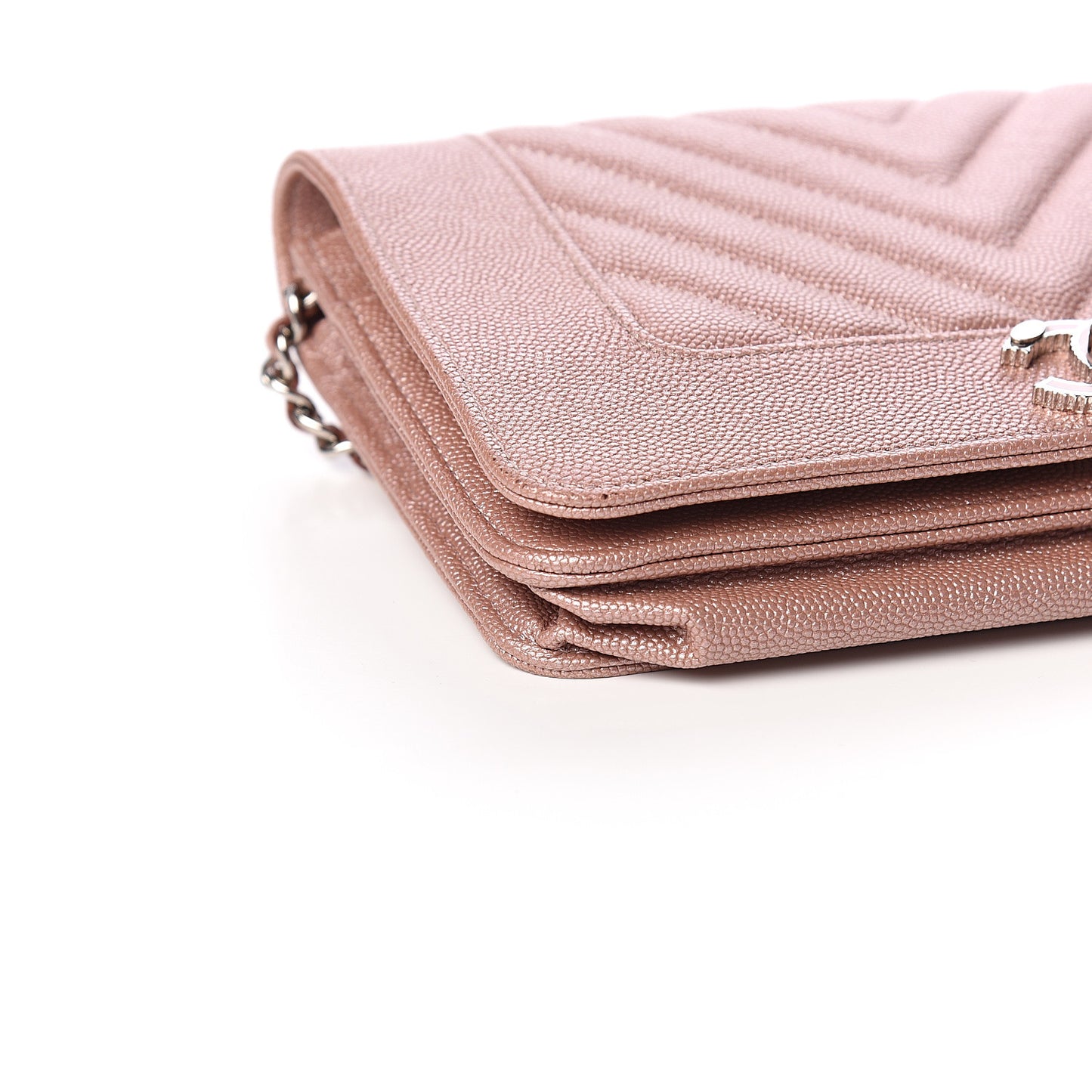 Metallic Caviar Chevron Quilted Vintage Mademoiselle Wallet On Chain WOC Pink