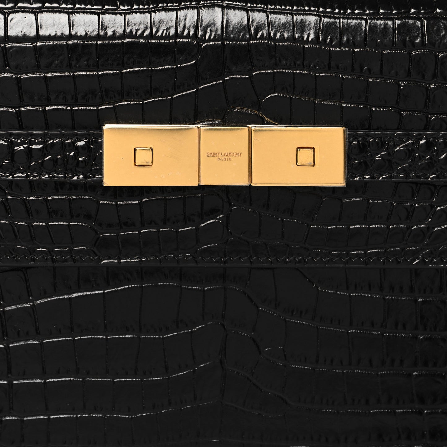 Shiny Calfskin Crocodile Embossed Manhattan Baguette Black