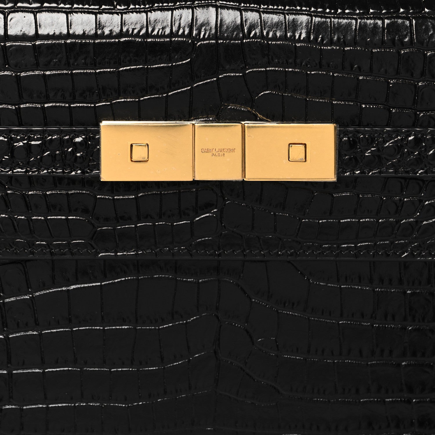 Saint Laurent Shiny Calfskin Crocodile Embossed Manhattan Baguette Black 7 of 9