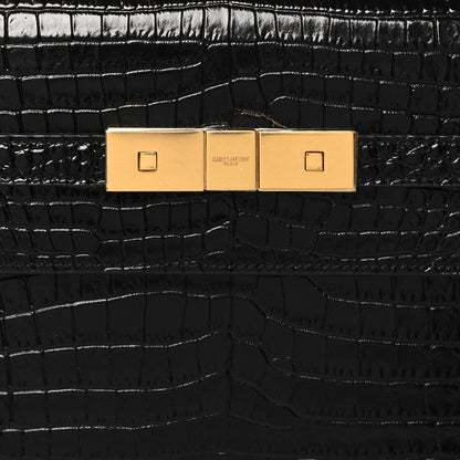 Saint Laurent Shiny Calfskin Crocodile Embossed Manhattan Baguette Black 7 of 9