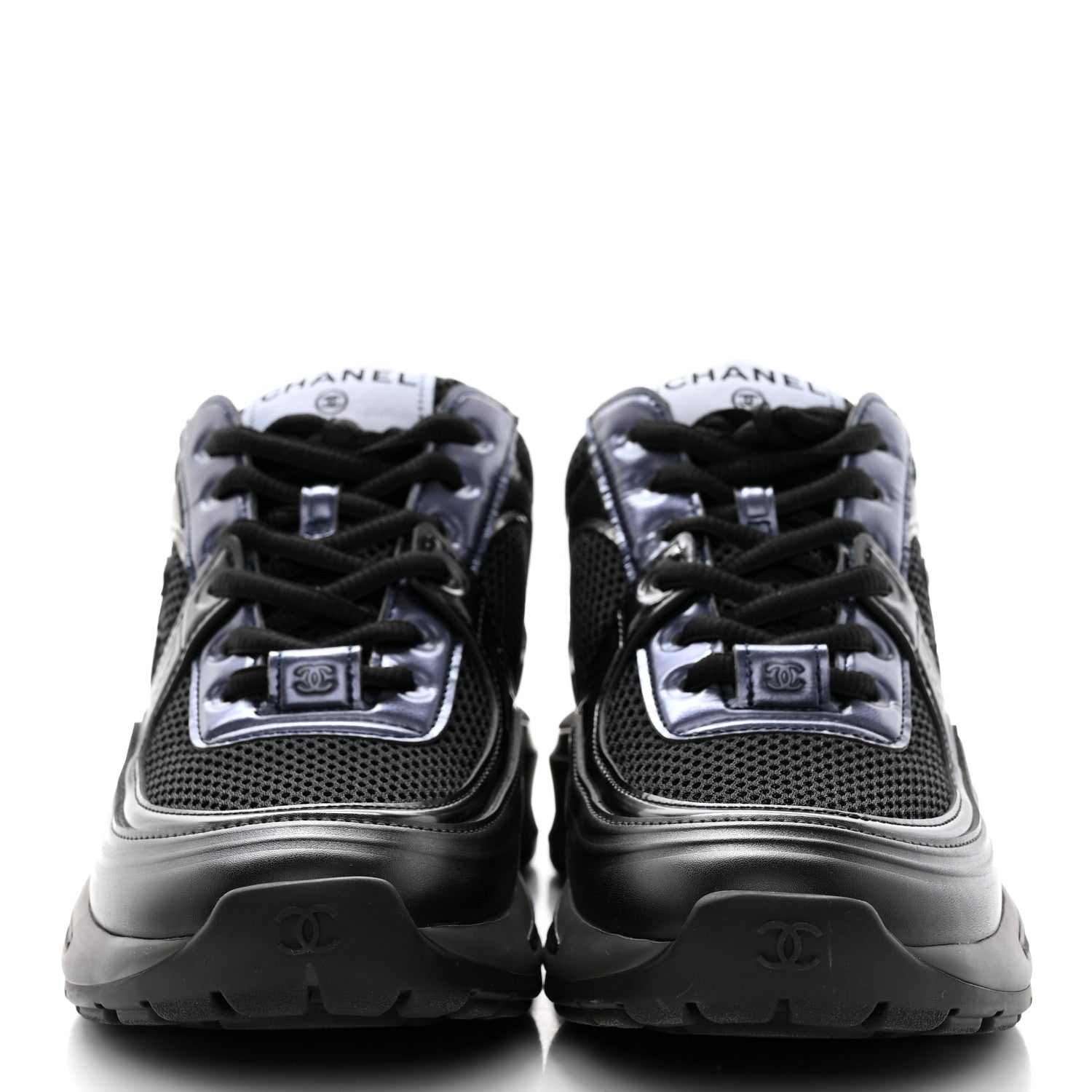 Chanel Fabric Laminated Calfskin Stretch CC Womens Sneakers 37 Black 2 of 8