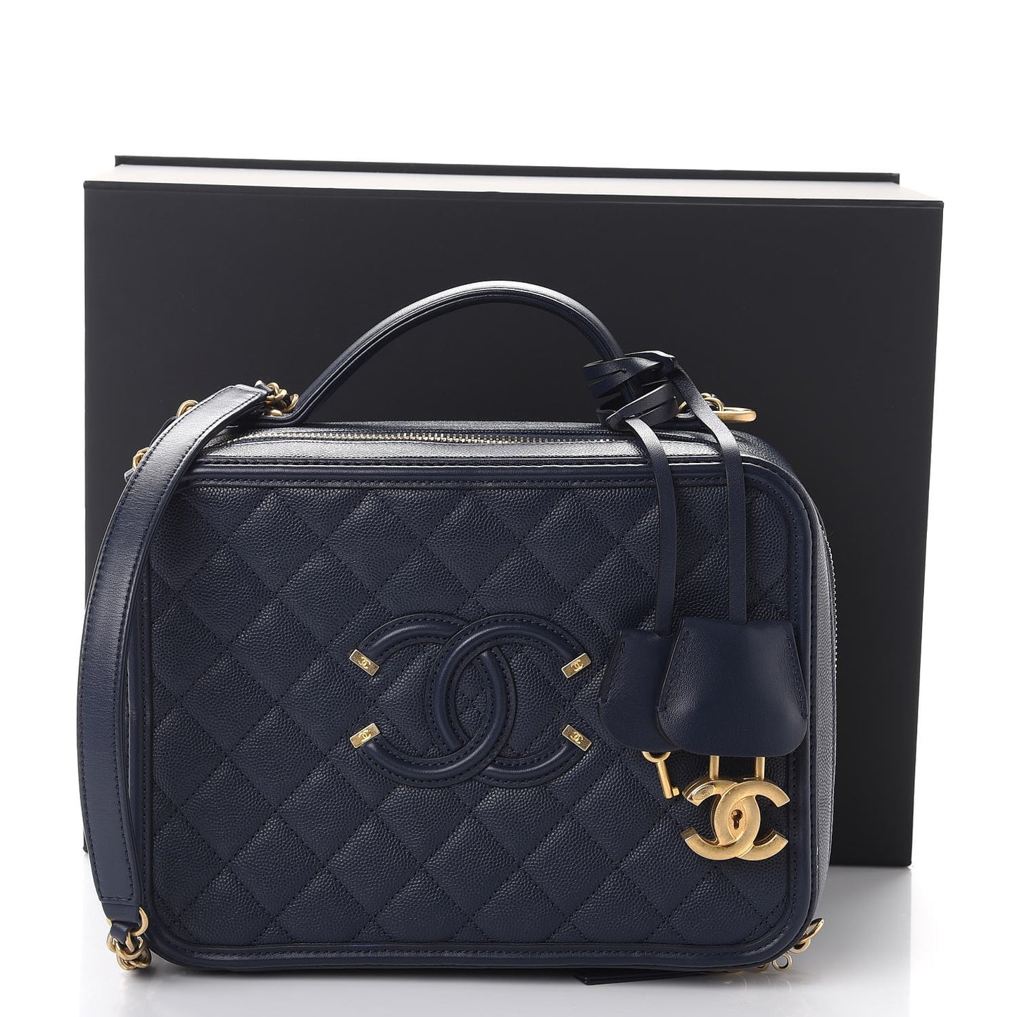 Caviar Quilted Large CC Filigree Vanity Case Navy