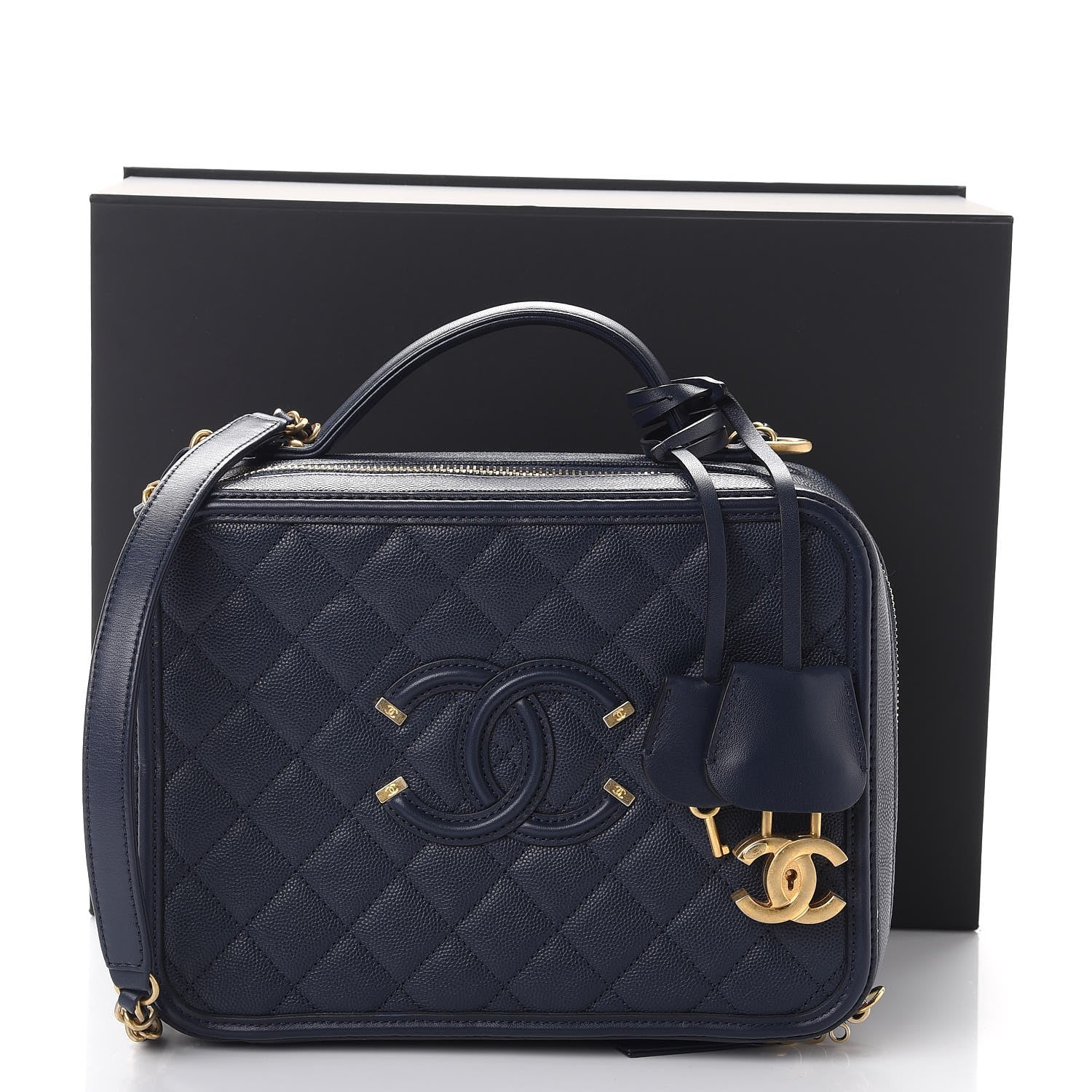 Chanel Caviar Quilted Large CC Filigree Vanity Case Navy 10 of 10
