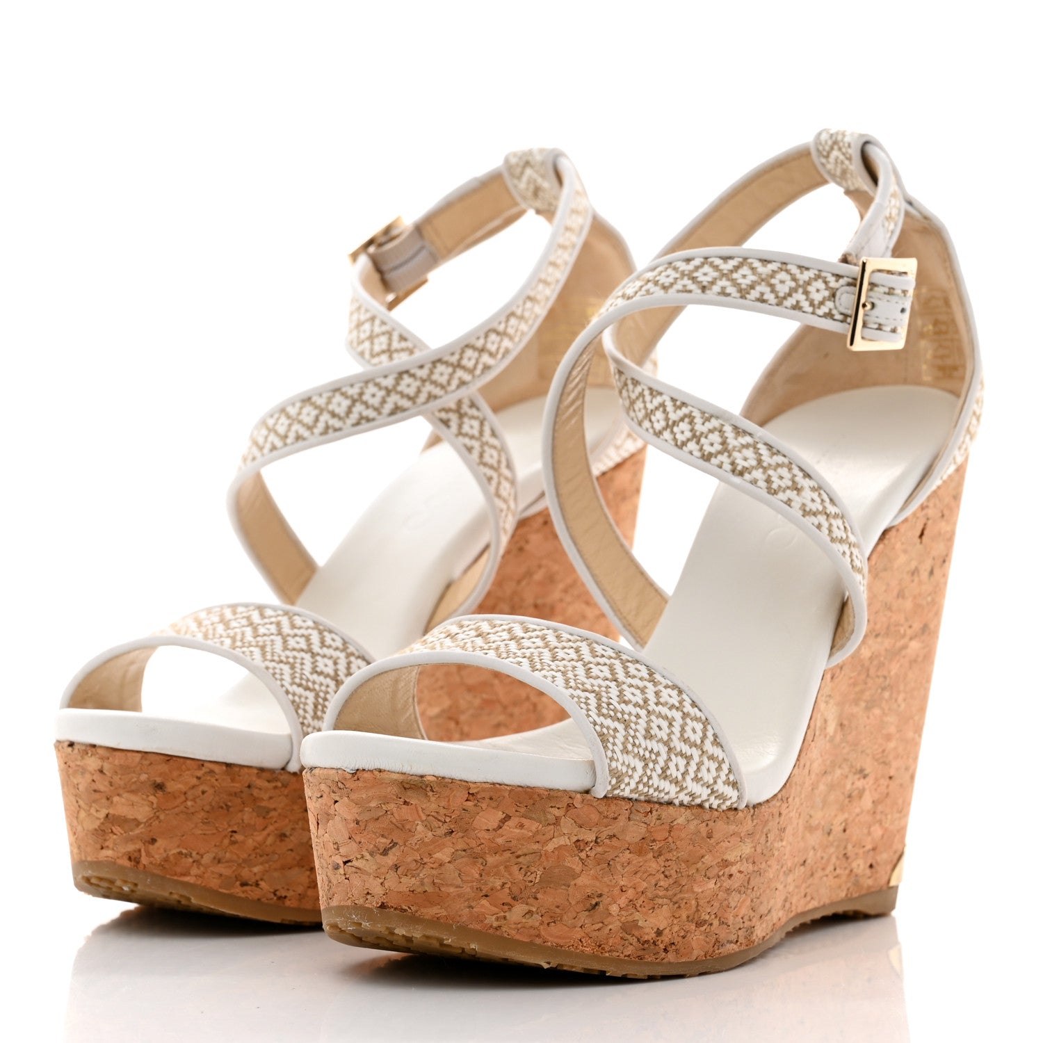 Jimmy Choo Fabric Cork Portia 120 Wedge Sandals 37 White Marble 3 of 8