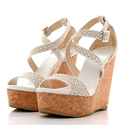 Jimmy Choo Fabric Cork Portia 120 Wedge Sandals 37 White Marble 3 of 8
