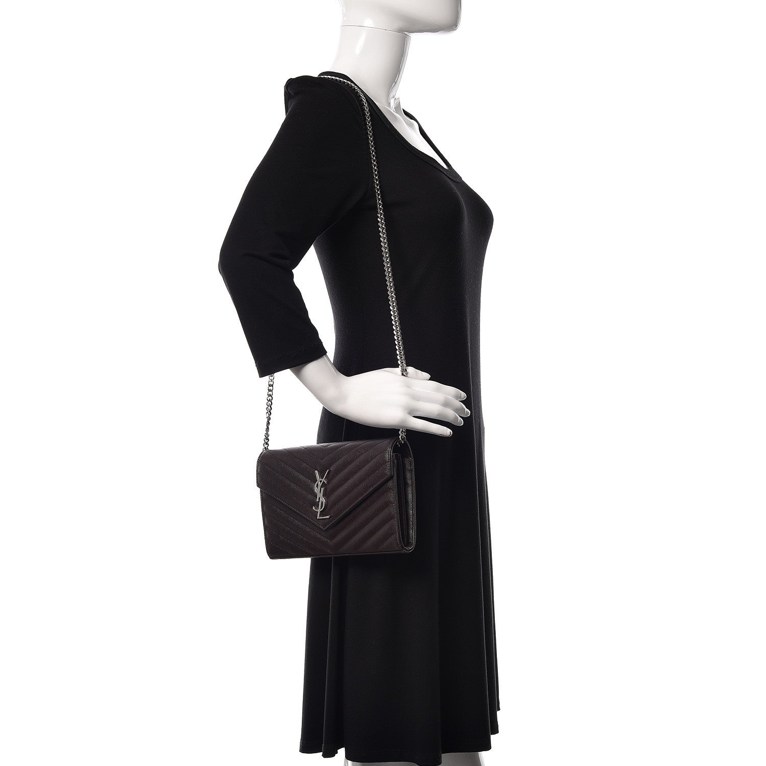 Saint Laurent Grain De Poudre Matelasse Chevron Monogram Chain Wallet Dark Brown 2 of 11
