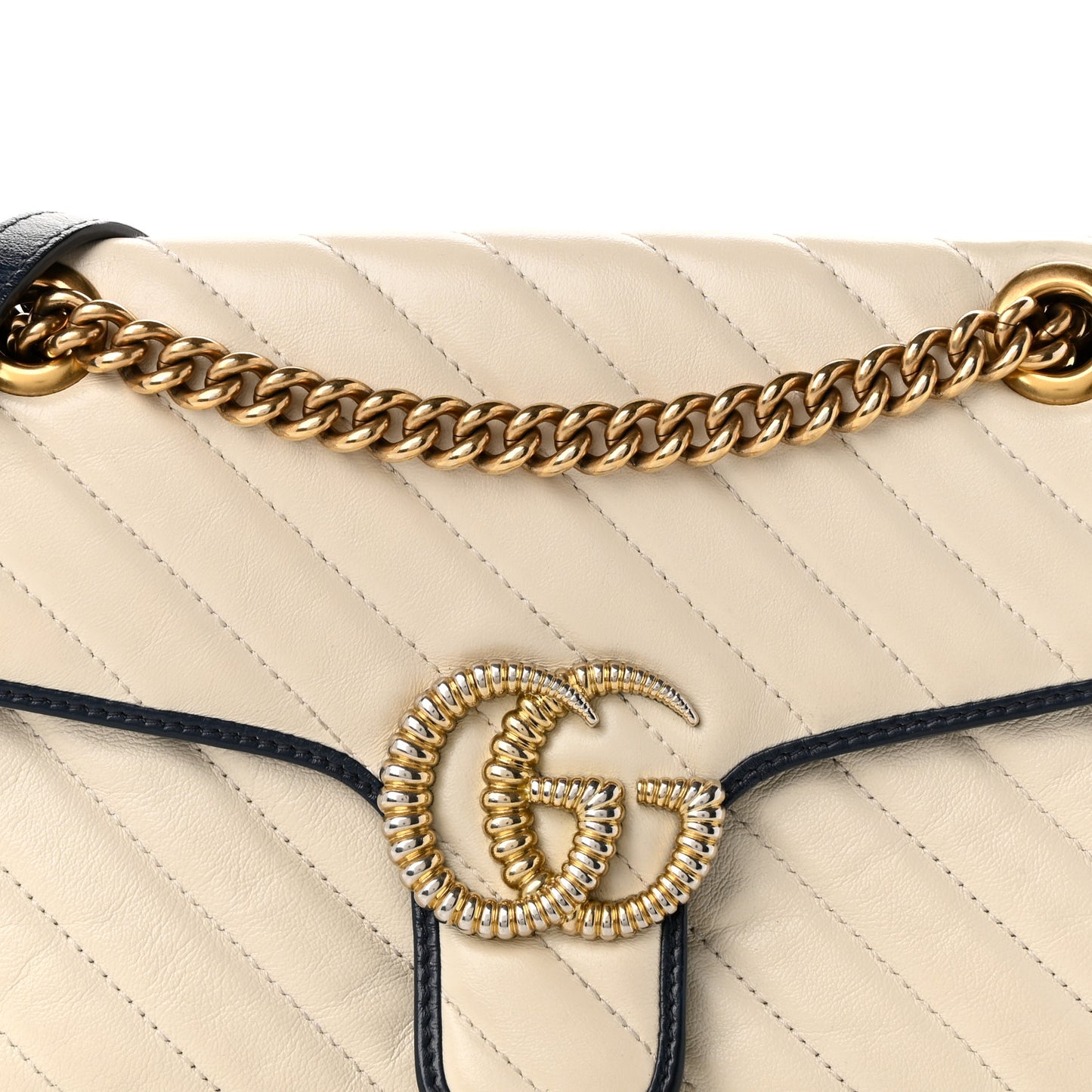 Vintage Effect Calfskin Matelasse Diagonal Small Torchon GG Marmont Shoulder Bag Mystic White Blue Agata