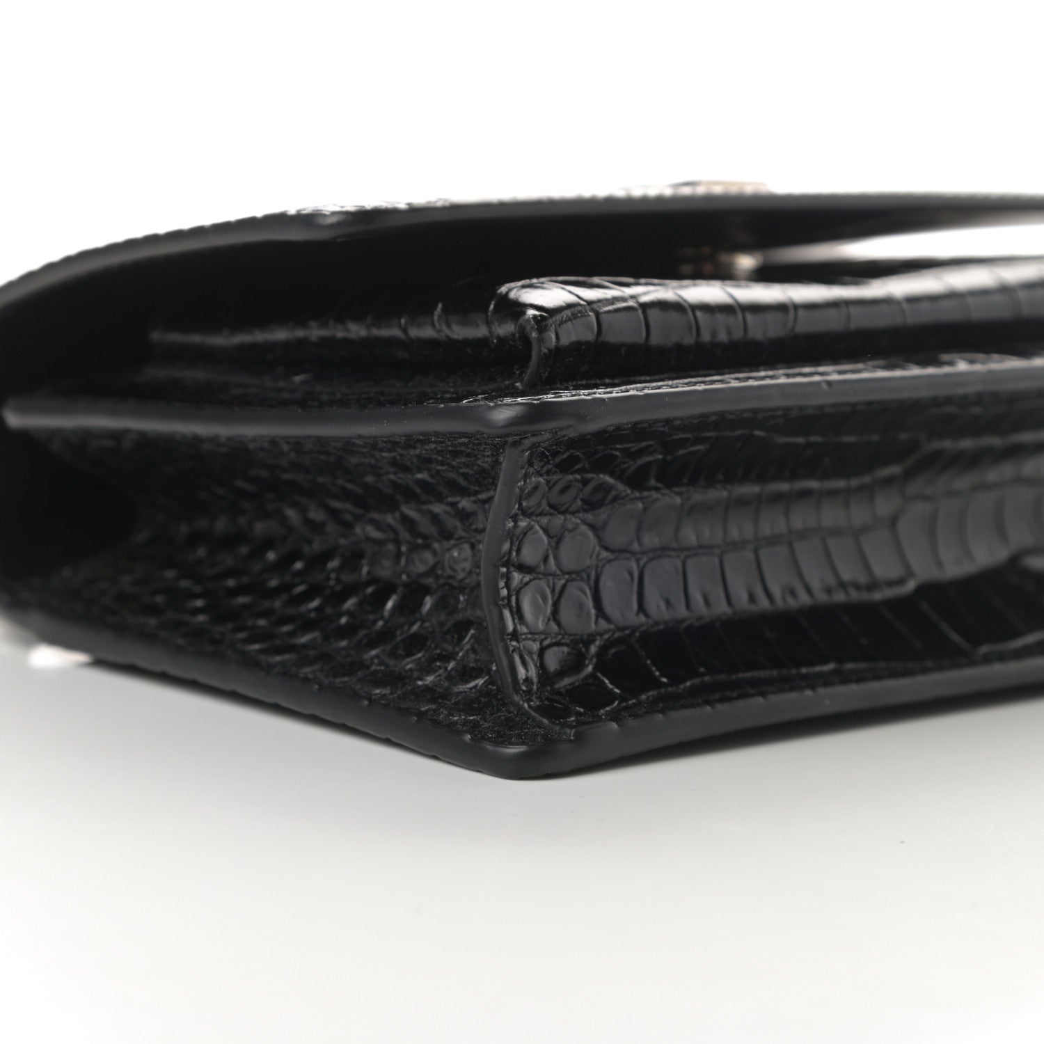 Saint Laurent Calfskin Crocodile Embossed Monogram Sunset Chain Wallet Black 8 of 9