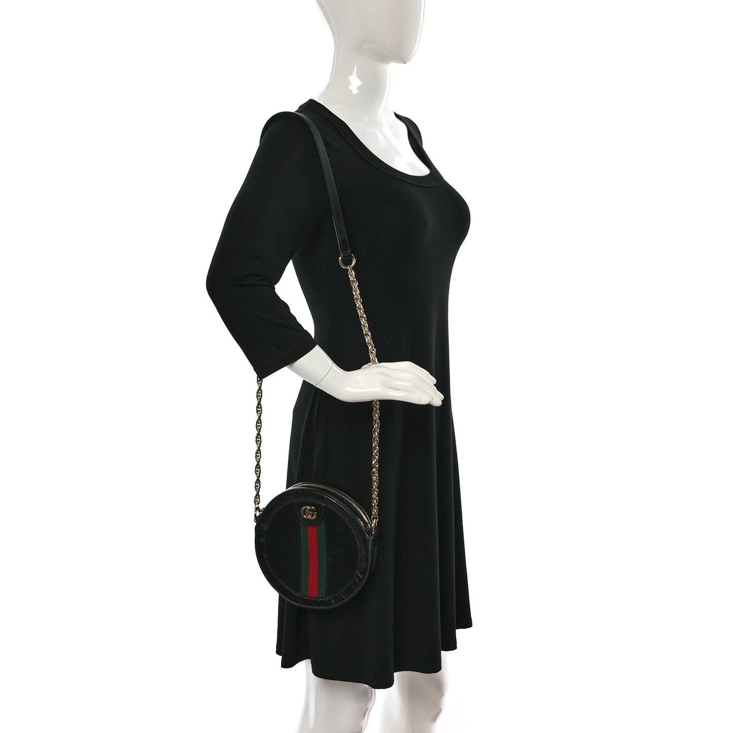 Suede Patent Web Mini Ophidia Round Shoulder Bag Black