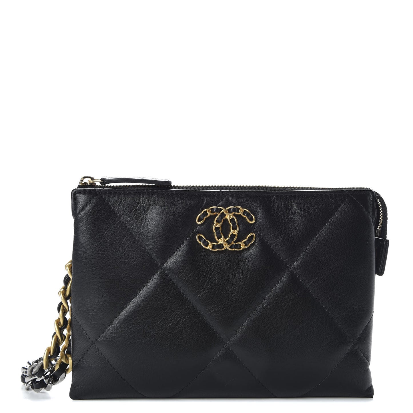 Shiny Goatskin Quilted Small Chanel 19 Pouch With Handle Black