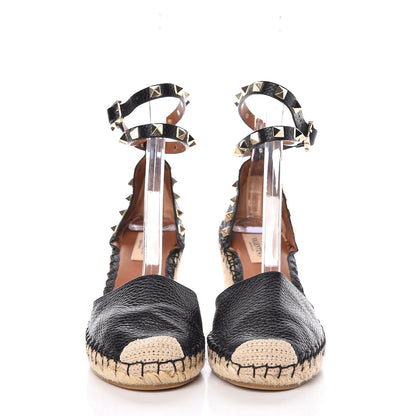 Valentino Garavani Grained Calfskin Rockstud Ankle Wrap Espadrille 15/85mm Wedges 36 Black Light Cuir 2 of 8
