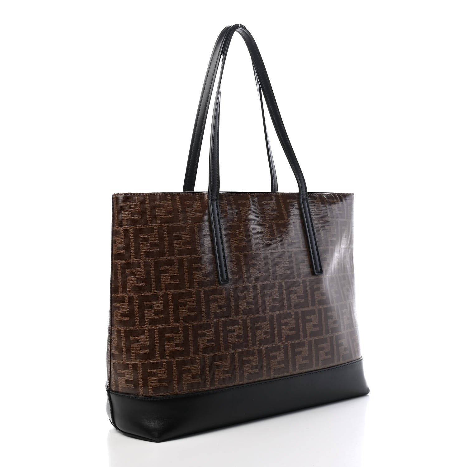 Fendi Glazed Fabric Vitello Century FF 1974 Stamp Patch Shopping Tote Mogano Panna Black 3 of 10