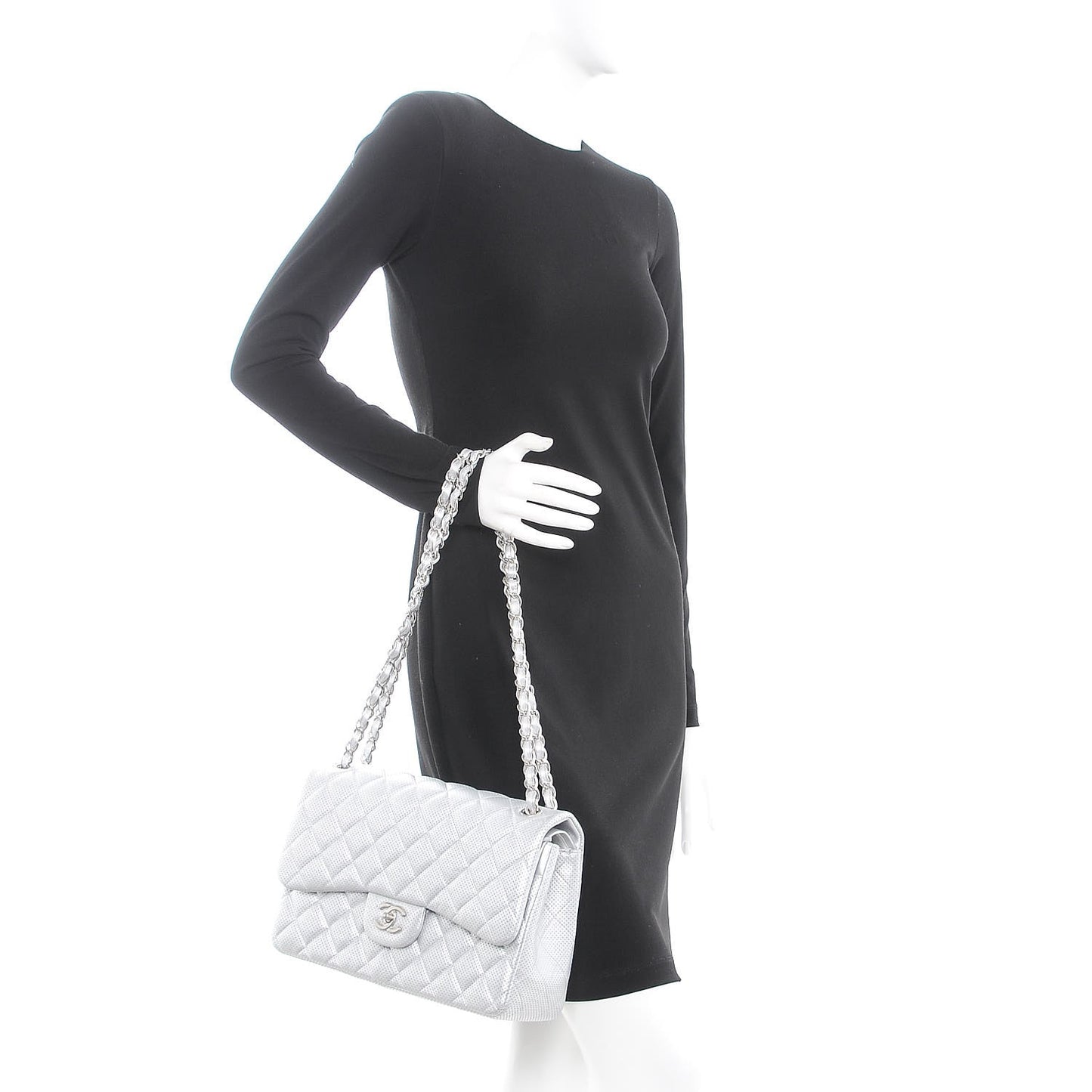 Metallic Perforated Lambskin Quilted Jumbo Double Flap Light Silver
