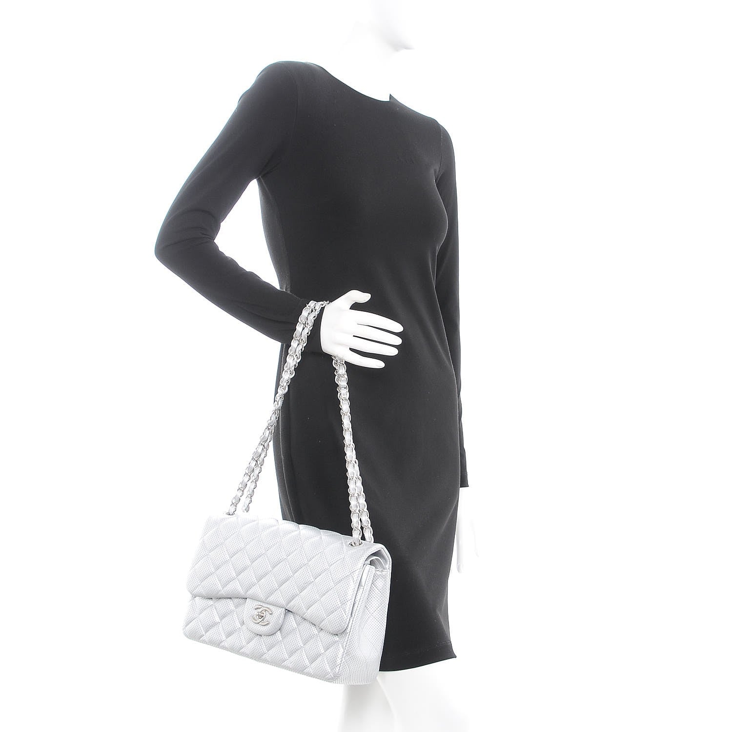 Chanel Metallic Perforated Lambskin Quilted Jumbo Double Flap Light Silver 3 of 8